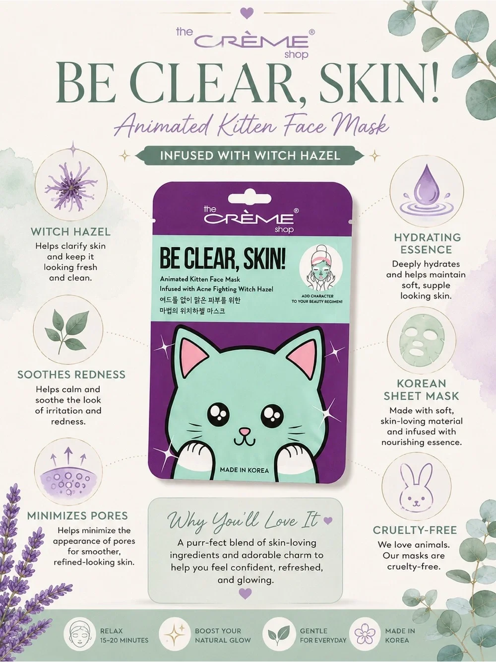 The Crème Shop Be Clear, Skin! Kitten Sheet Mask | Witch Hazel